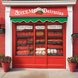 A vibrant and inviting exterior storefront display for a shop specializing in strawberries with cream