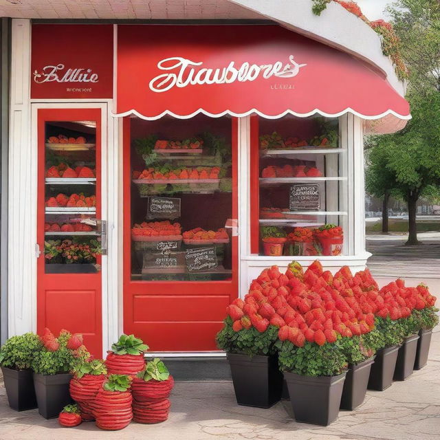 A vibrant and inviting exterior storefront display for a shop specializing in strawberries with cream