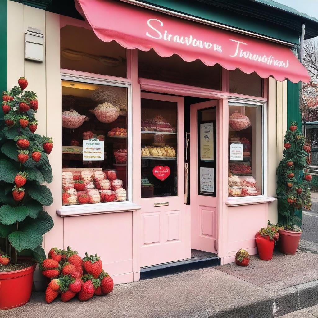 A charming storefront display of a shop selling strawberries with cream