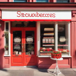 A charming storefront display of a shop selling strawberries with cream