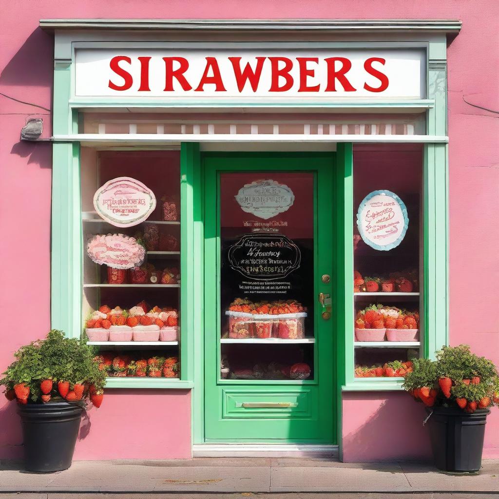 A charming storefront display of a shop selling strawberries with cream