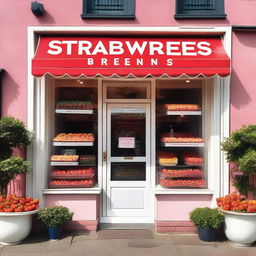 A charming storefront display of a shop selling strawberries with cream