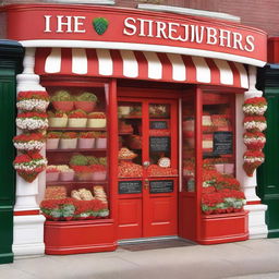 A vibrant and inviting exterior storefront display for a shop specializing in strawberries with cream