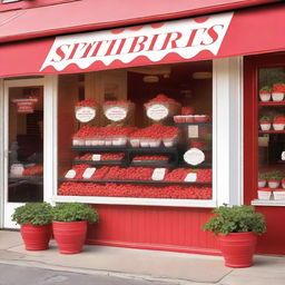 A vibrant and inviting exterior storefront display for a shop specializing in strawberries with cream