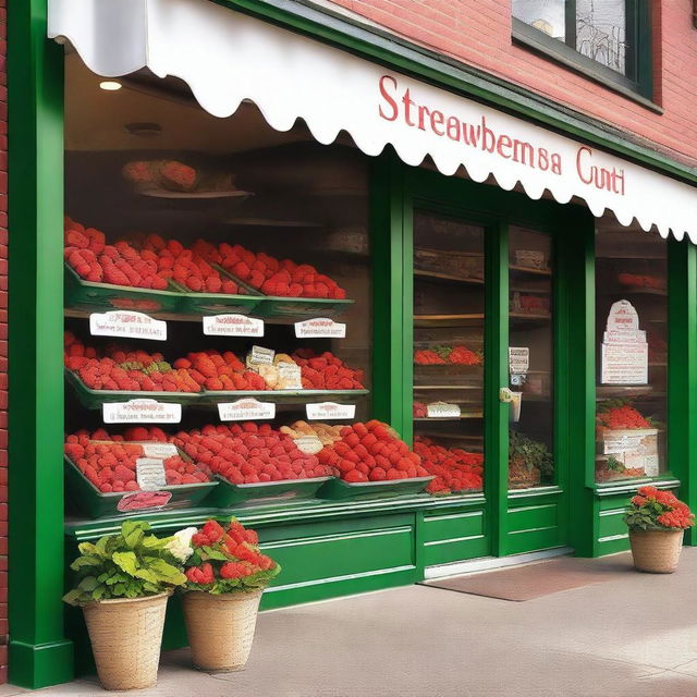 A vibrant and inviting exterior storefront display for a shop specializing in strawberries with cream