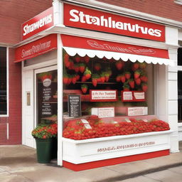 A vibrant and inviting exterior storefront display for a shop specializing in strawberries with cream