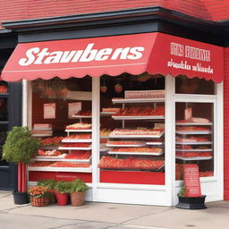 A vibrant and inviting exterior storefront display for a shop specializing in strawberries with cream