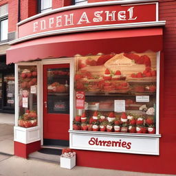 A vibrant and inviting exterior storefront display for a shop specializing in strawberries with cream