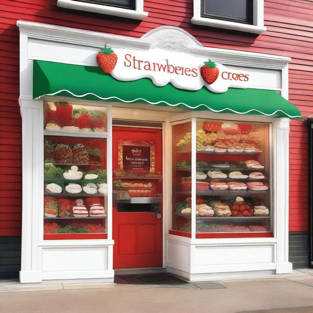 A vibrant and inviting exterior storefront display for a shop specializing in strawberries with cream