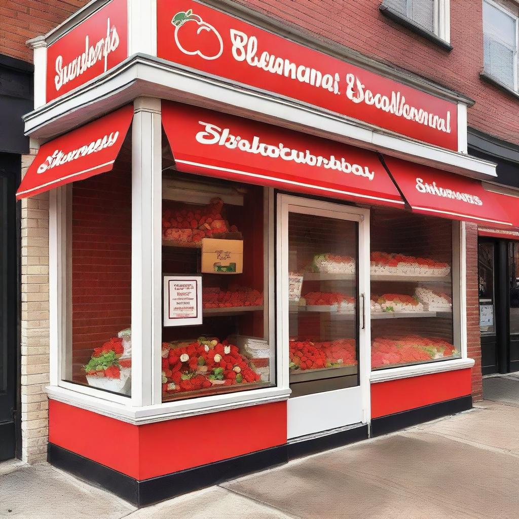 A vibrant and inviting exterior storefront display for a shop specializing in strawberries with cream