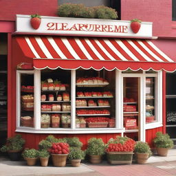 A vibrant and inviting exterior storefront display for a shop specializing in strawberries with cream