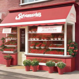 A vibrant and inviting exterior storefront display for a shop specializing in strawberries with cream