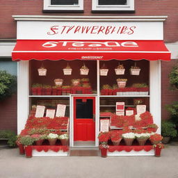 A vibrant and inviting exterior storefront display for a shop specializing in strawberries with cream