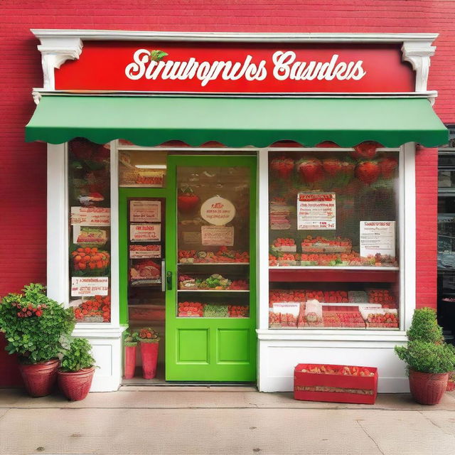 A vibrant and inviting exterior storefront display for a shop specializing in strawberries with cream