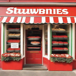 A vibrant and inviting exterior storefront display for a shop specializing in strawberries with cream