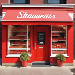 A vibrant and inviting exterior storefront display for a shop specializing in strawberries with cream