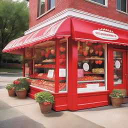 A vibrant and inviting exterior storefront display for a shop specializing in strawberries with cream