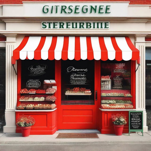 A vibrant and inviting exterior storefront display for a shop specializing in strawberries with cream