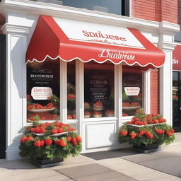 A vibrant and inviting exterior storefront display for a shop specializing in strawberries with cream