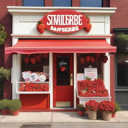 A vibrant and inviting exterior storefront display for a shop specializing in strawberries with cream