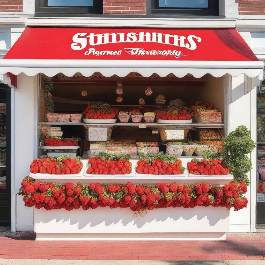 A vibrant and inviting exterior storefront display featuring strawberries with cream