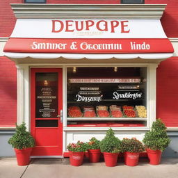 A vibrant and inviting exterior storefront display featuring strawberries with cream