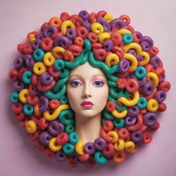 A mesmerizing Medusa with hair made of vibrant, delectable candy, creating an enchanting and whimsical visual.