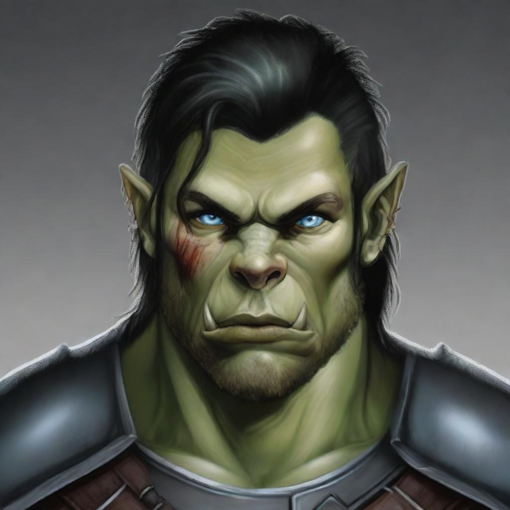 A very detailed and fine depiction of an adult male half-orc with blue eyes, ash grey skin, and straight black hair