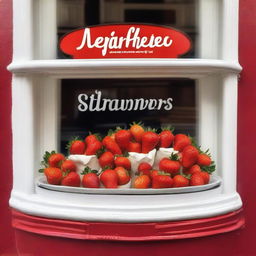 An exterior shop display window for a store named 'Market Strawberries', showcasing a cup filled with strawberries and cream