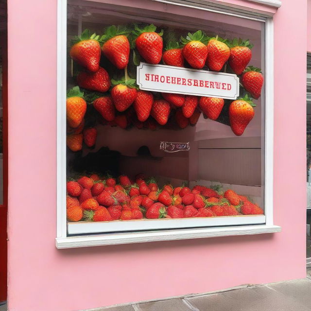 An exterior shop display window for a store named 'Market Strawberries', showcasing a cup filled with strawberries and cream