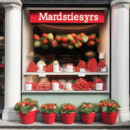 An exterior shop display window for a store named 'Market Strawberries', showcasing a cup filled with strawberries and cream