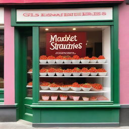 An exterior shop display window for a store named 'Market Strawberries', showcasing a cup filled with strawberries and cream