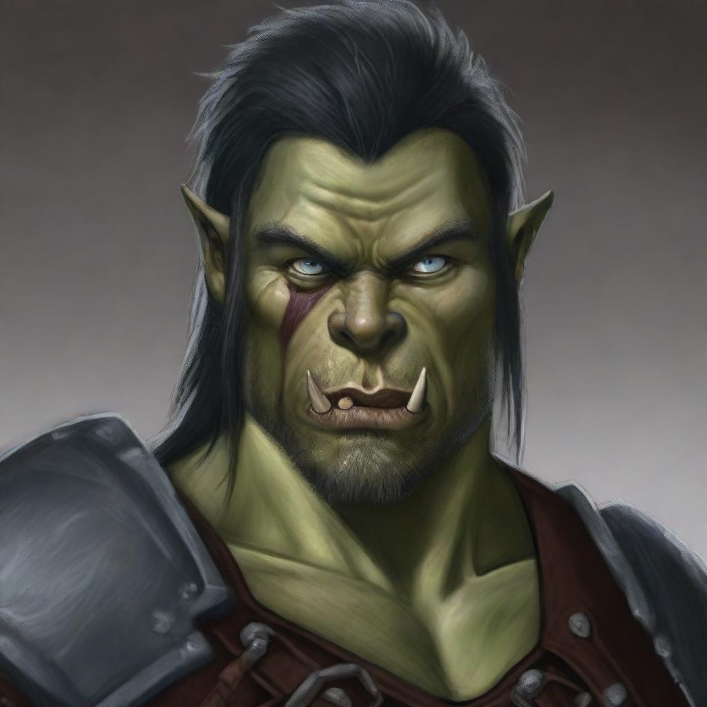 A very detailed and fine depiction of an adult male half-orc with blue eyes, ash grey skin, and straight black hair