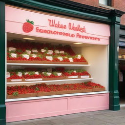 An exterior shop display window for a store named 'Market Strawberries'