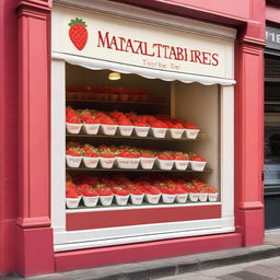 An exterior shop display window for a store named 'Market Strawberries'