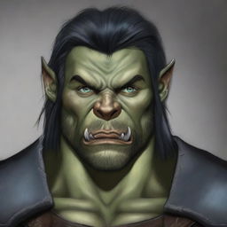 A very detailed and fine depiction of an adult male half-orc with blue eyes, gray skin, and straight black hair