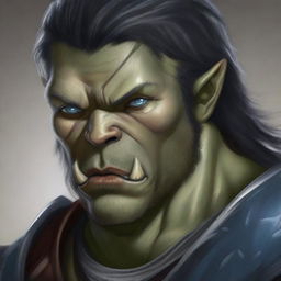 A very detailed and fine depiction of an adult male half-orc with blue eyes, gray skin, and straight black hair