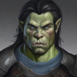 A very detailed and fine depiction of an adult male half-orc with blue eyes, gray skin, and straight black hair