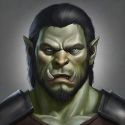 A very detailed and fine depiction of an adult male half-orc with blue eyes, gray skin, and straight black hair