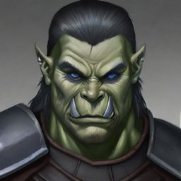 A very detailed and fine depiction of a D&D adult male half-orc with blue eyes, grey skin (not green), and straight black hair