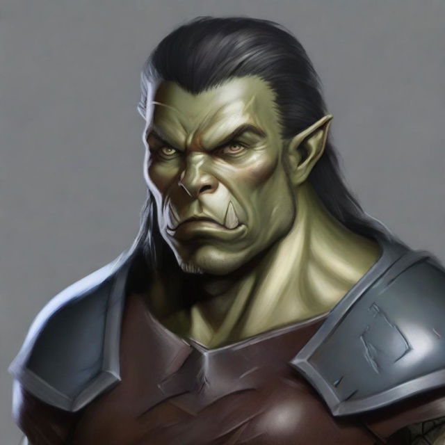 A very detailed and fine depiction of a D&D adult male half-orc with blue eyes, grey skin (not green), and straight black hair