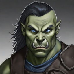 A very detailed and fine depiction of a D&D adult male half-orc with blue eyes, grey skin (not green), and straight black hair