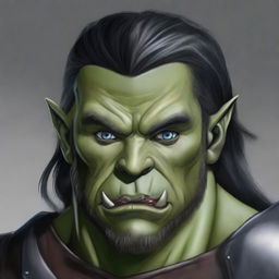 A very detailed and fine depiction of a D&D adult male half-orc with blue eyes, grey skin (not green), and straight black hair