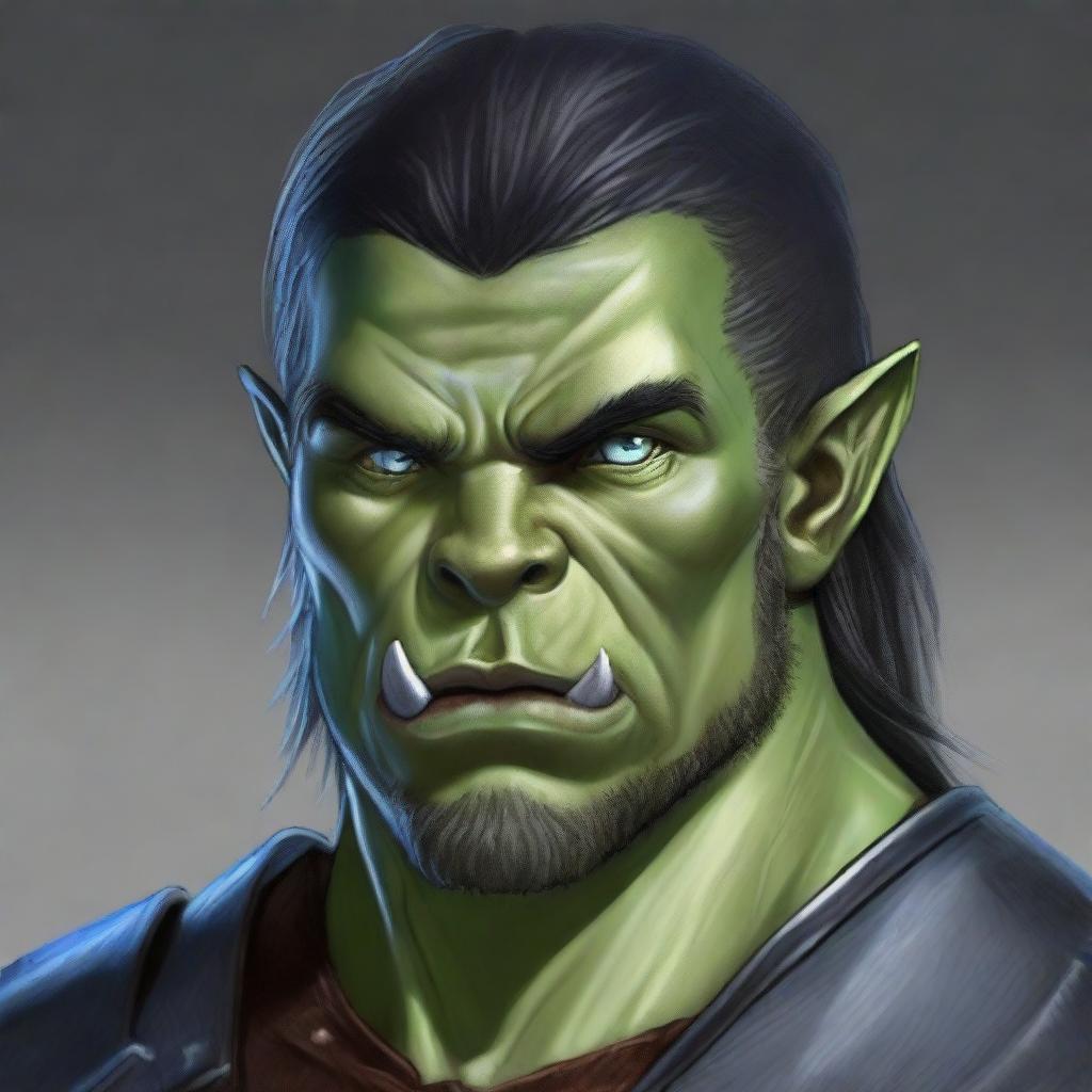 A very detailed and fine depiction of a D&D adult male half-orc with blue eyes, gray skin (not green), and straight black hair