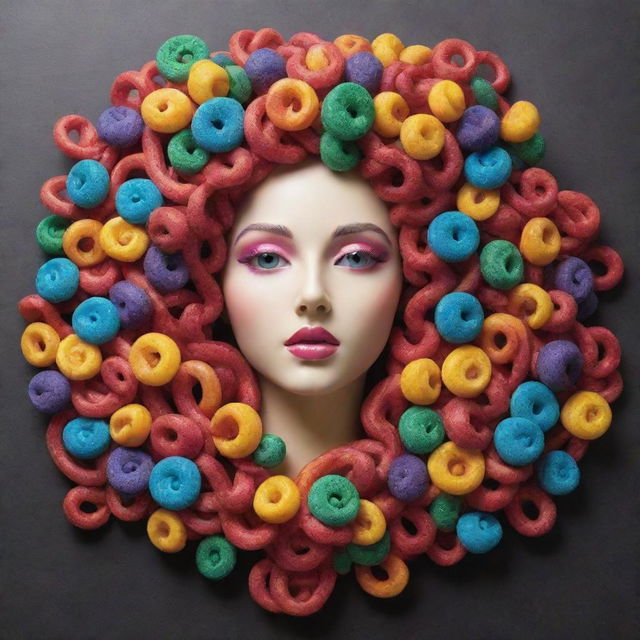 A mesmerizing Medusa with hair made of vibrant, delectable candy, creating an enchanting and whimsical visual.