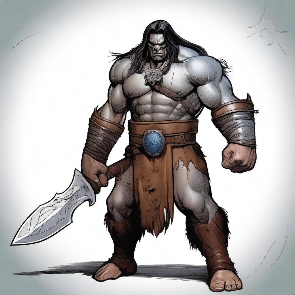 A very detailed and fine depiction of a D&D adult male barbarian with gray skin, bottom tusks like an orc, blue eyes, straight black hair, and battle scars