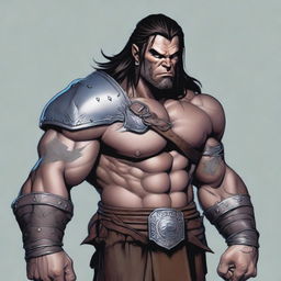 A very detailed and fine depiction of a D&D adult male barbarian with gray skin, bottom tusks like an orc, blue eyes, straight black hair, and battle scars