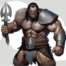 A very detailed and fine depiction of a D&D adult male barbarian with gray skin, bottom tusks like an orc, blue eyes, straight black hair, and battle scars