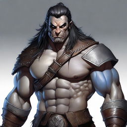 A very detailed and fine depiction of a D&D adult male barbarian with gray skin, bottom tusks like an orc, blue eyes, straight black hair, and battle scars