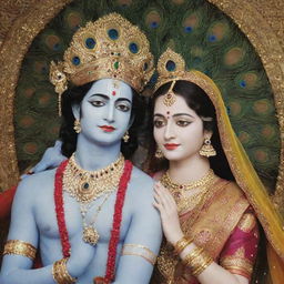 Lord Krishna and Radha in a serene moment against a universal backdrop. Krishna dons a peacock feather hat.